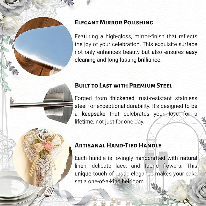 Wedding Cake Knife and Server Set – Rustic Lace Burlap Handle, Stainless Steel - Image 4