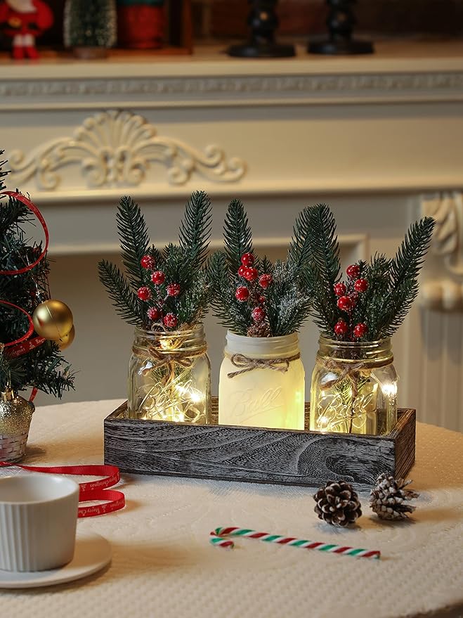 Christmas Mason Jars, Christmas Centerpiece Table Settings, Wood Tray - Image 2