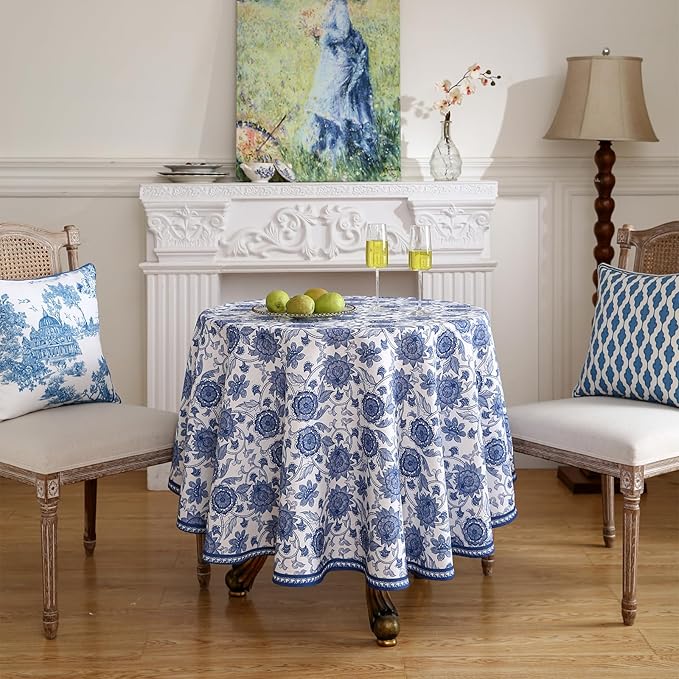 patdrea Designer Vintage French Round Table Cloth, Linen Durable Blue Paisley - Image 2