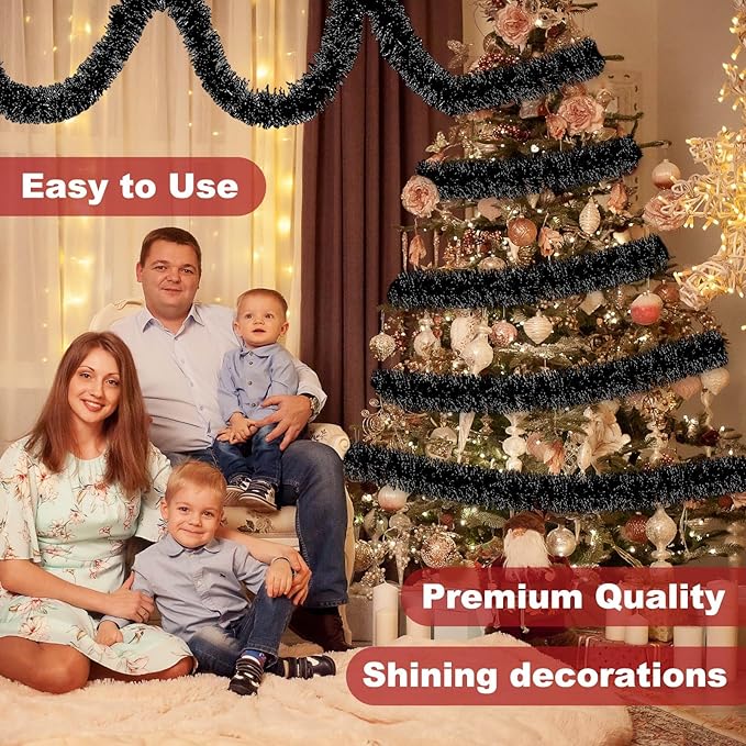 25 Feet Black Christmas Tinsel Garland, Metallic Foil Twist Banner Wall Hanging - Image 4