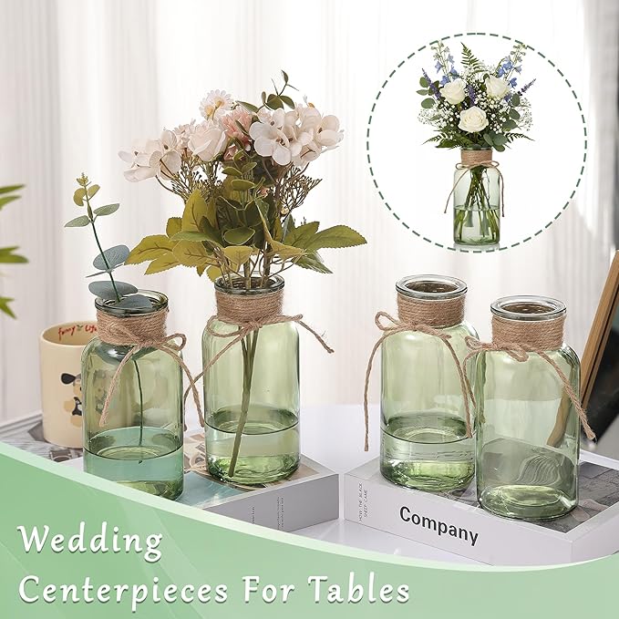 Green Glass Flower Vases for Centerpieces Set of 6, Mason Jars Boho Cylinder - Image 2