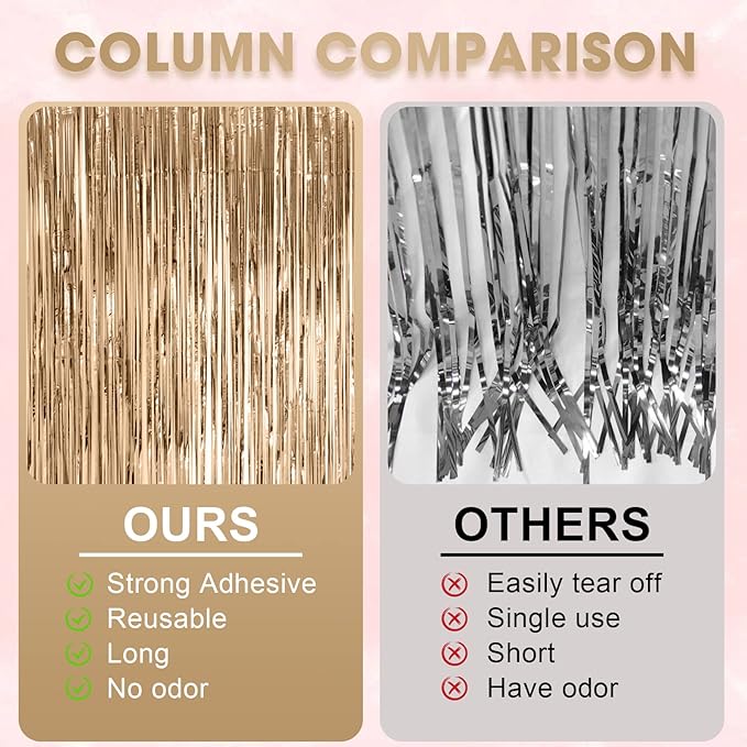 2 Pack Champagne Foil Fringe Backdrop Curtains, Tinsel Streamers Birthday Party - Image 3