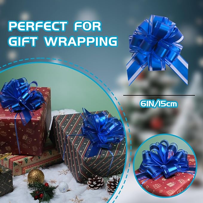 6 Pcs 6 Inch Blue Pull Bows, Party Decorations, Crafts Easy-to-Use Pull Bows - Image 2