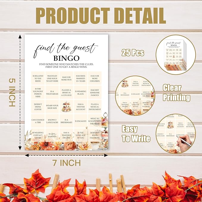 Fall Bridal Shower Games Cards, Find The Guest Bingo, Wedding Bachelorette - Image 2