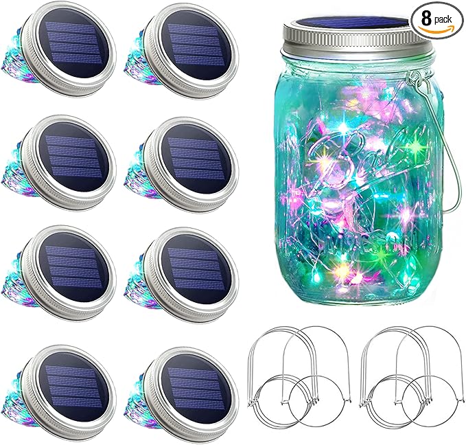 SunKite Solar Mason Jar Lights, 8 Pack 20 LED Waterproof Fairy Firefly Jar Lids by SunKite