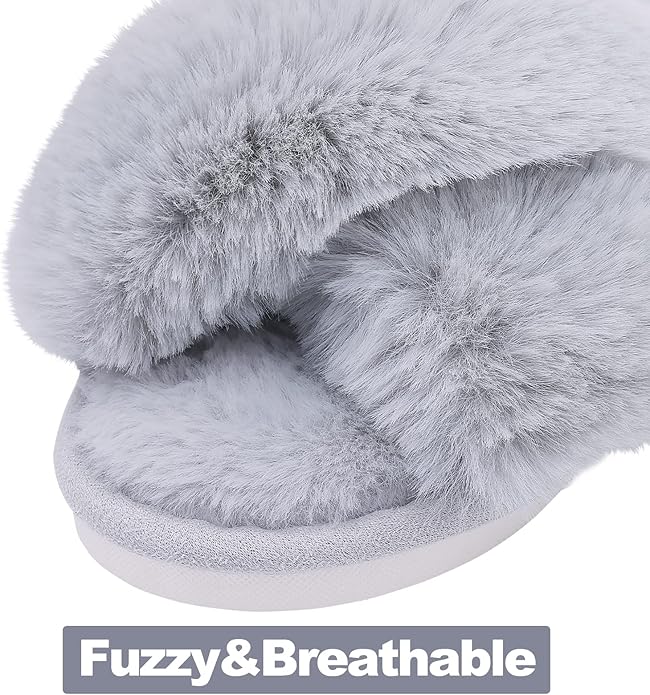 Evshine Women's Fuzzy Slippers Cross Band Memory Foam House Slippers Open Toe - Image 3