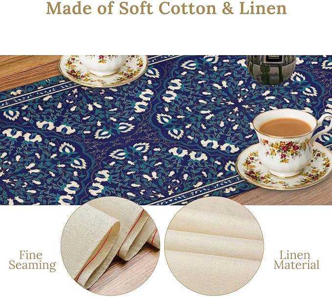 Boho Floral Vintage Table Runner, Retro Morris Abstract Blue Flower Rustic - Image 8