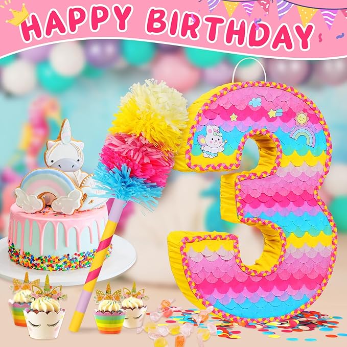 Number 3 Pinata for Birthday Party Decorations, Unicorn Mermaid Theme Pink - Image 3