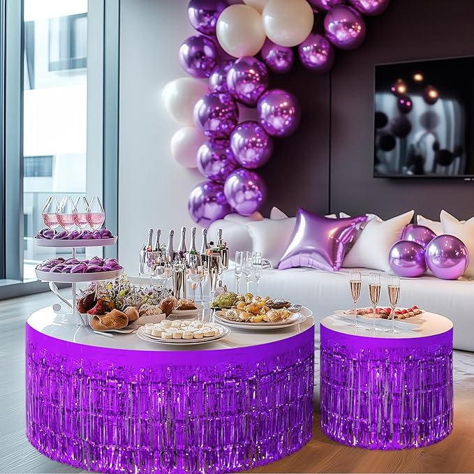 2 Pack Dark Purple Table Skirts, 29x108" Metallic Foil Tinsel Fringe Table - Image 9
