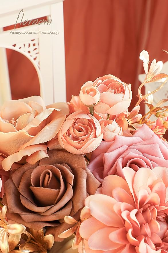 Floroom Terracotta Artificial Flowers Burnt Orange Fake Roses Dahlias and - Image 6