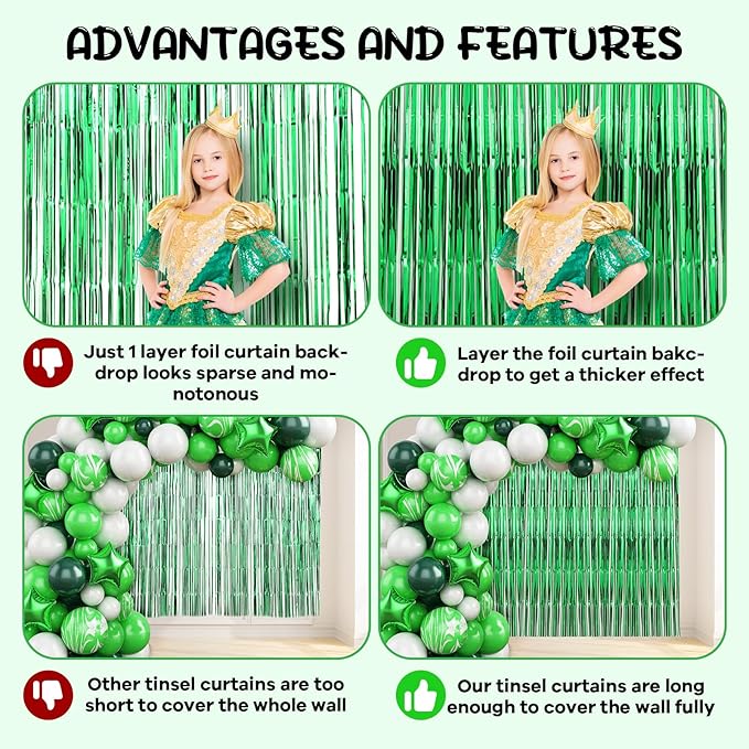 2 Pack Green Foil Fringe Backdrop Curtains, Tinsel Streamers Birthday Party - Image 5