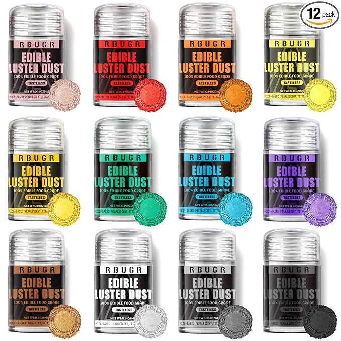 RBUGR Luster Dust Edible, 12 Colors Edible Glitter Pack, Cocktail Food Glitter by RBUGR