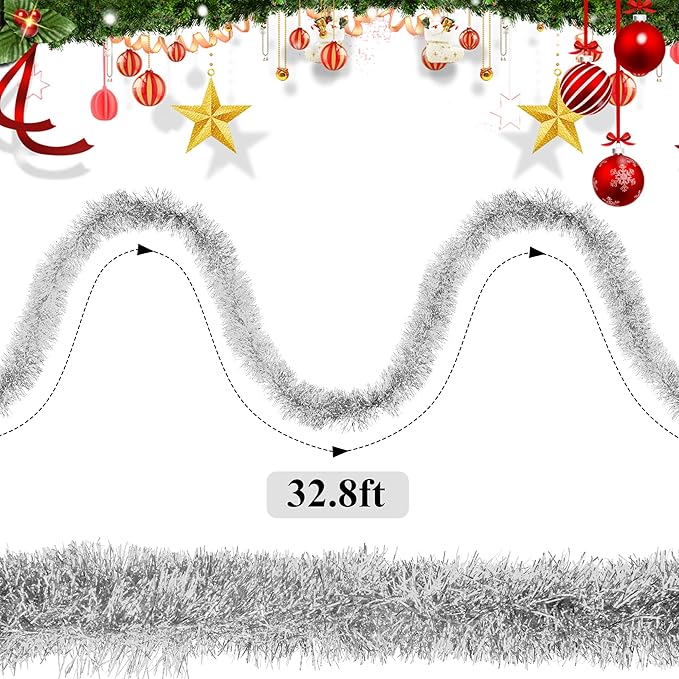 32.8 Ft Silver Christmas Tinsel Garland Metallic Shiny Tassle Banner Wall - Image 2