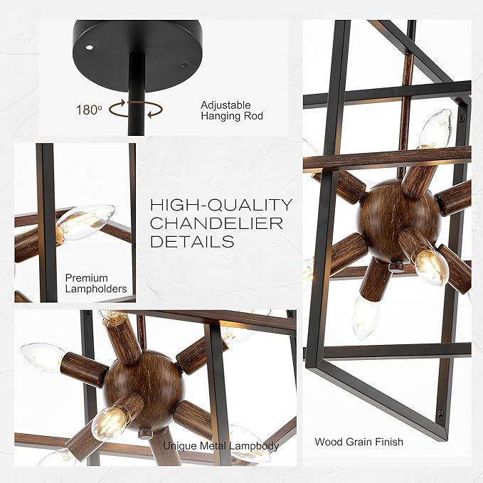 8-Light Wood Grain and Vintage Black Sputnik Chandelier, 18.9'' Industrial - Image 2