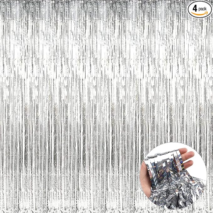 4 Pack Silver Foil Fringe Curtain Backdrop, 3.28Ft x 9.84Ft Metallic Tinsel by Unknown