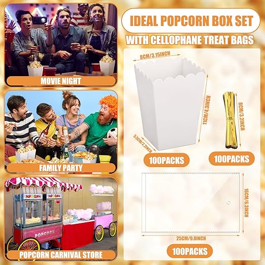 Zopeal 200 Pcs Mini Popcorn Boxes and Clear Treat Bag Set, Bulk Popcorn Bags - Image 2
