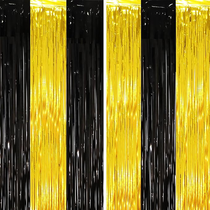 2 Pack Black and Gold Tinsel Foil Fringe Curtains, Metallic Tinsel Party by Voircoloria