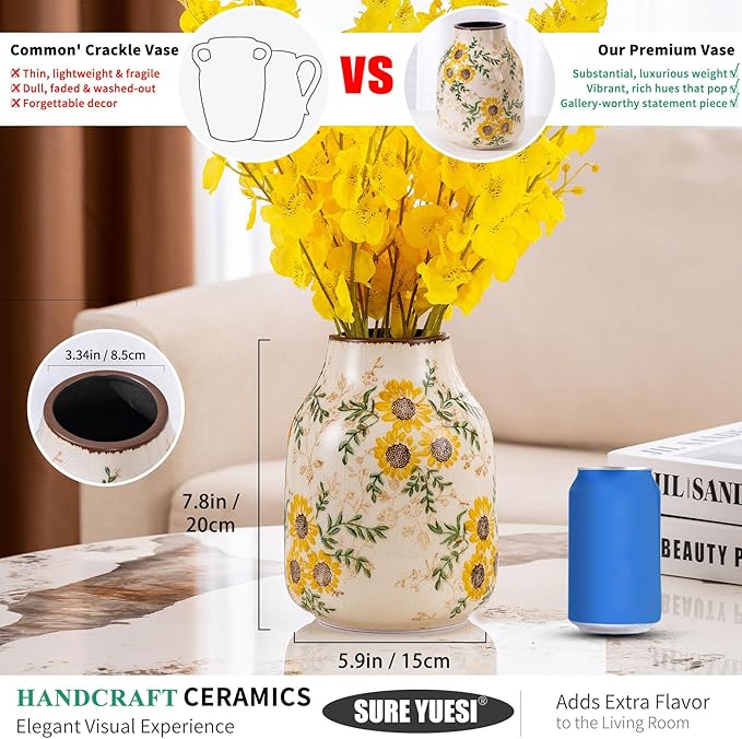 Sunflower Vintage Ceramic Yellow Floral Vase, Table Centerpieces, Kitchen - Image 3