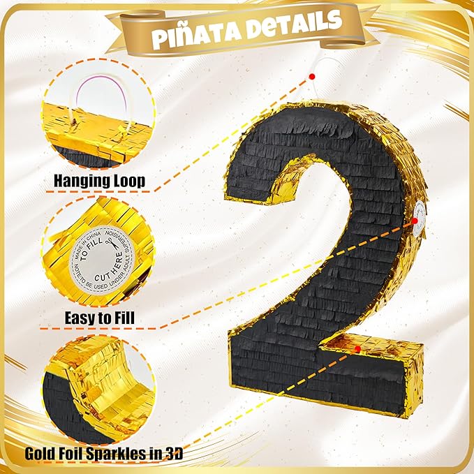 PCFING 20 Inch Number 2 Piñata Gold Black - Image 4