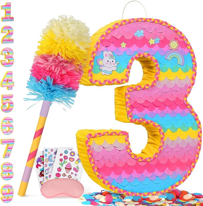 Number 3 Pinata for Birthday Party Decorations, Unicorn Mermaid Theme Pink by Pardecor