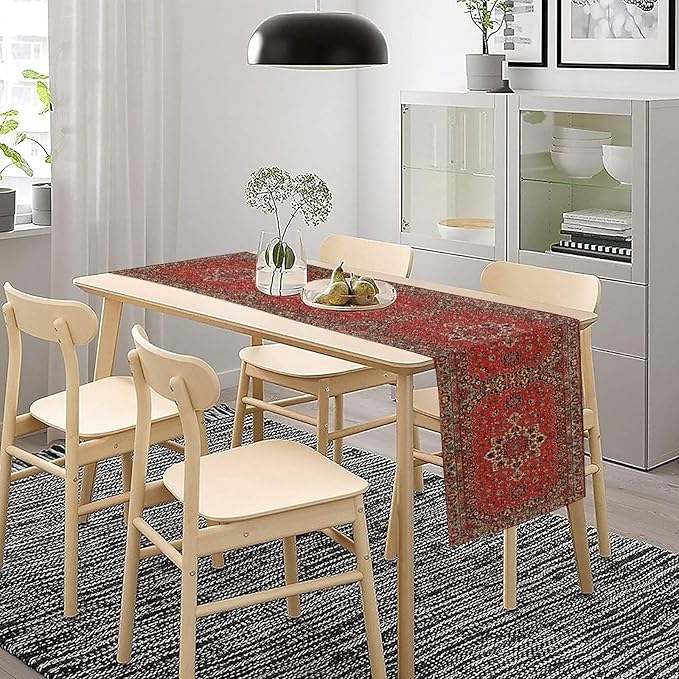 Vintage Boho Red Table Runner, Elegant Mid Century - Image 3