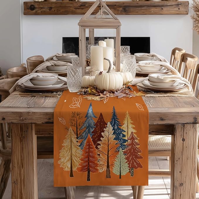 GEEORY Fall Watercolor Trees & Maple Leaves Table Runner 13x120 Inch, Rustic - Image 6