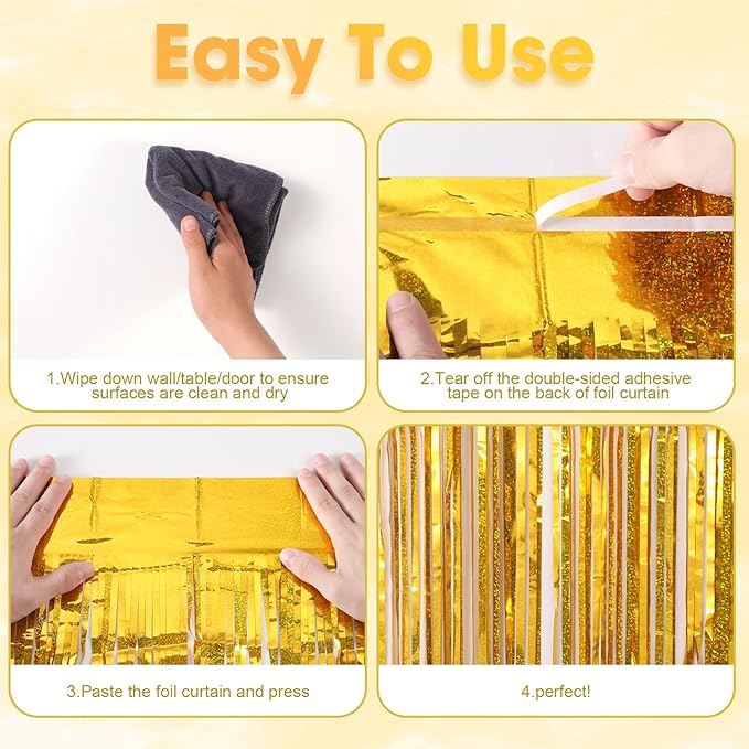3 Pack 3.3 x 8.2 ft Laser Gold Foil Fringe Backdrop Curtains, Tinsel Streamers - Image 5