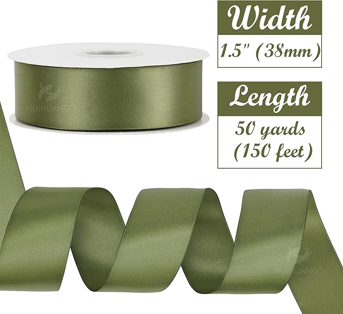 HUIHUANG 1-1/2 inch Double Face Satin Ribbon, Polyester Moss Green Ribbon 50 - Image 2