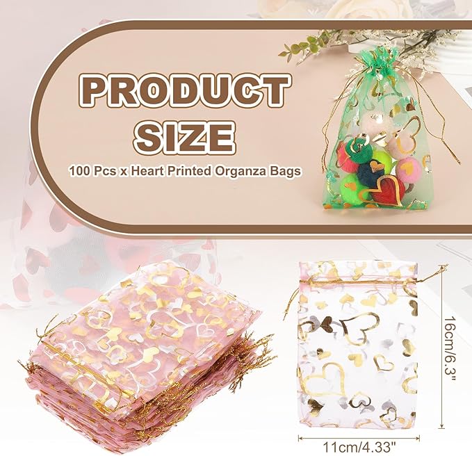 PATIKIL 100 Pcs 4x6 Inch Heart Printed Organza Bags - Image 2