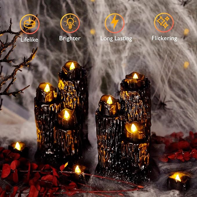Homemory 24-Pack Halloween Black Dripping Flameless Tea Lights, Battery - Image 8