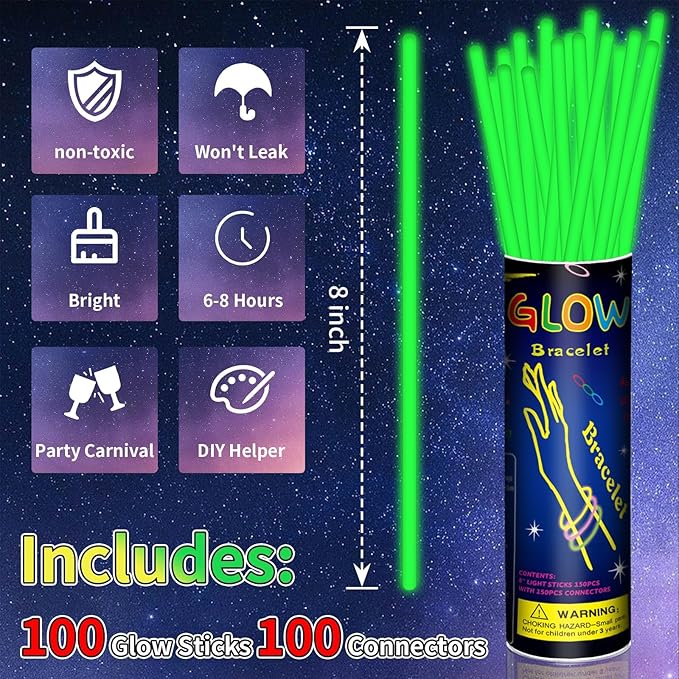 100 Pack 8” Green Glow Sticks Bulk - Image 2