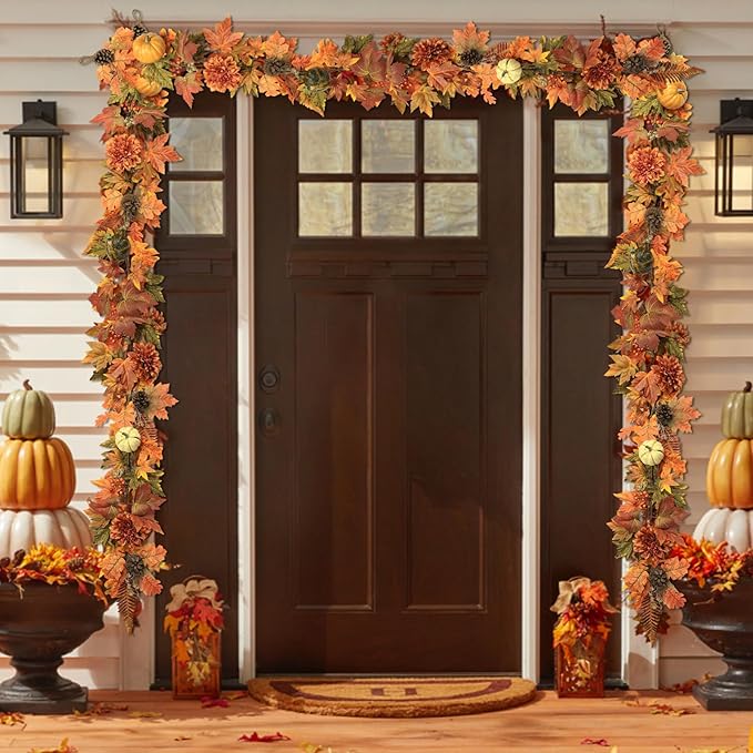Artificial Fall Maple Leaves Garland Hanging Vine 6Ft Fake Pumpkin Pine Berries - Image 2