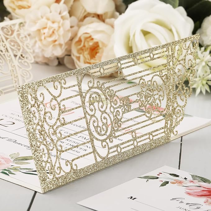 50PCS Gold Glitter Wedding Invitations Laser Cut Invitations - Image 5