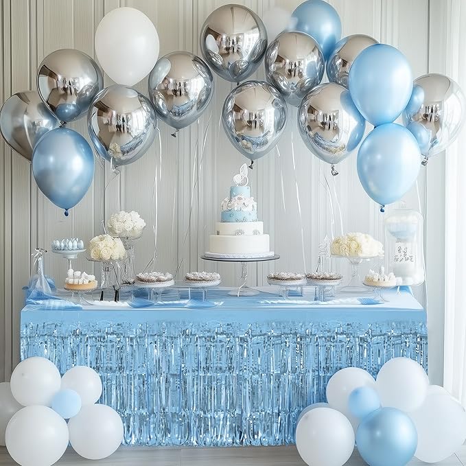 1 Pack Light Blue Table Skirts, 29x108" Metallic Foil Tinsel Fringe Table Skirts - Image 2
