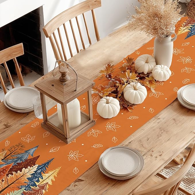 GEEORY Fall Watercolor Trees & Maple Leaves Table Runner 13x72 Inch, Rustic - Image 2