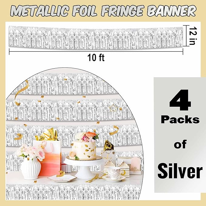 4 Pack 10 Ft Silver Foil Fringe Garland Metallic Streamers Tinsel Banner Wall - Image 2