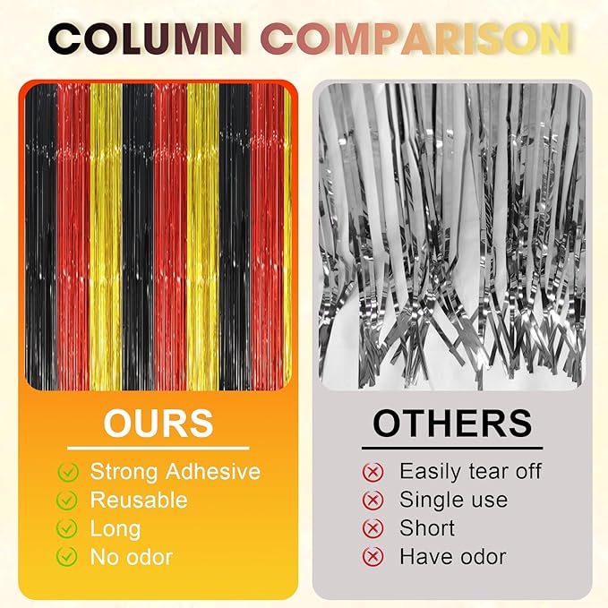 3 Pack 3.3 x 8.2 ft Red Black Gold Foil Fringe Backdrop Curtains, Tinsel - Image 4