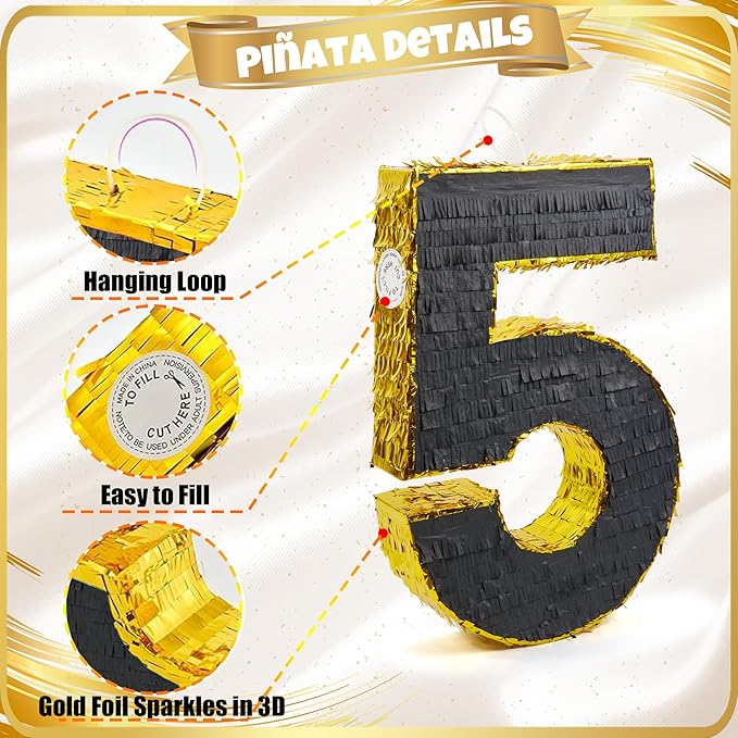PCFING 20 Inch Number 5 Piñata Gold Black - Image 4