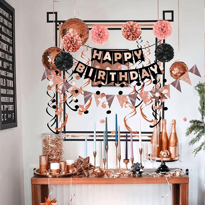 FECEDY Rose Gold Theme Happy Birthday Banner Flag Bunting Paper Circle Confetti - Image 5