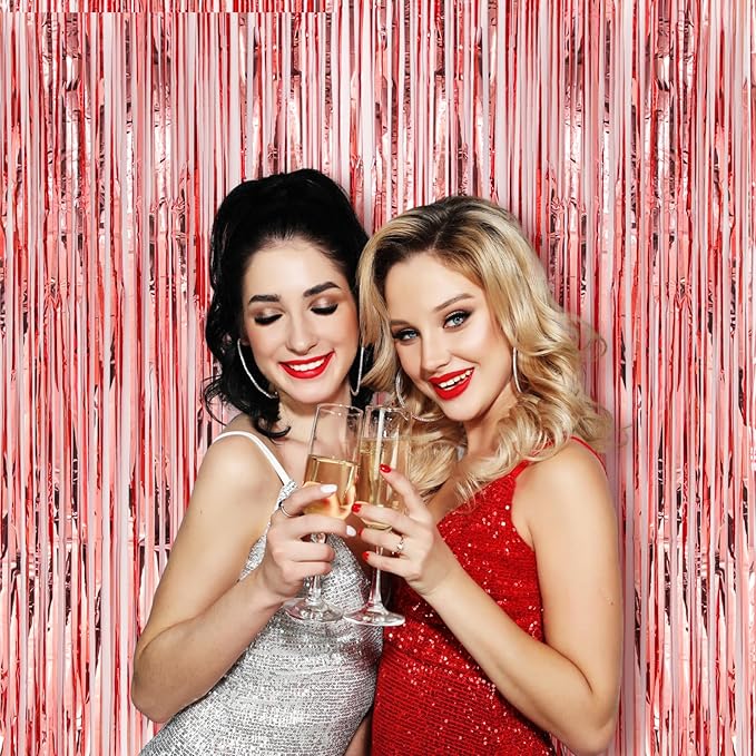 2 Pack Rose Gold Foil Fringe Backdrop Curtains, Tinsel Streamers Birthday Party - Image 6