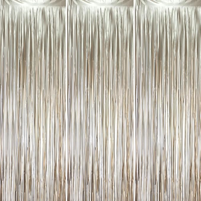 3 Pack 3.3 x 8.2 ft Matte Champagne Foil Fringe Backdrop Curtains, Fringe by Voircoloria