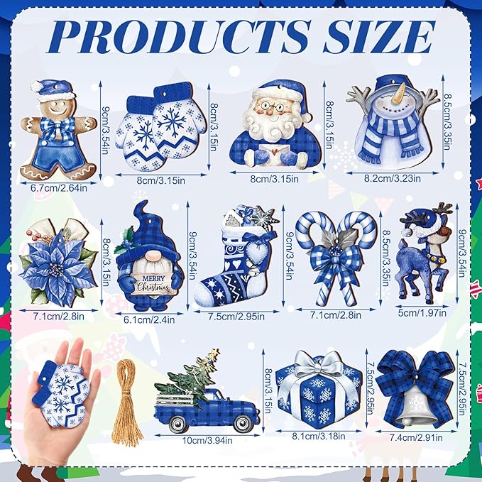 Suzile 36 Pcs Christmas Wooden Ornaments Blue Christmas Ornaments - Image 2