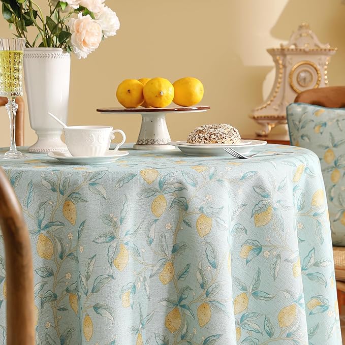 patdrea Designer Green Round Tablecloth, Vintage Linen Yellow Fruits Pattern - Image 3