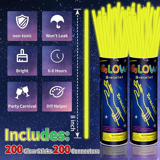 200 Pack 8'' Glow Sticks Bulk Party Favors Yellow Light Up Sticks - Image 2