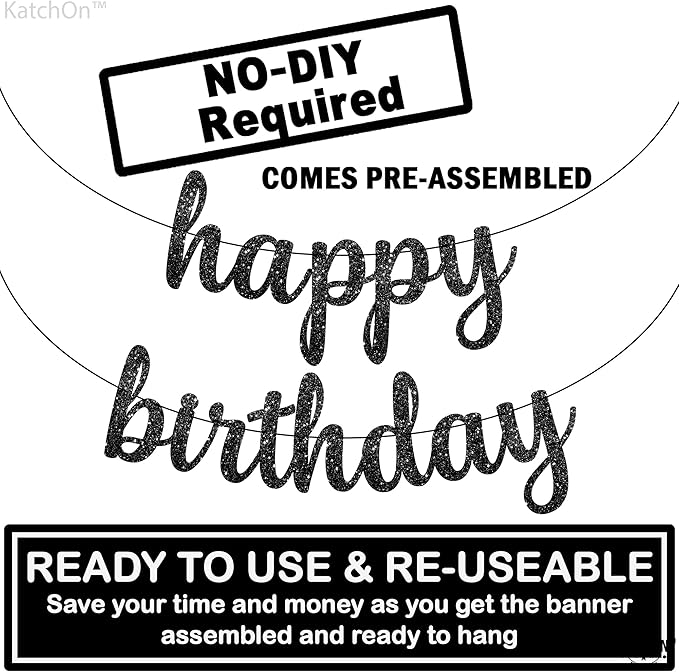 KatchOn, Glitter Cursive Black Happy Birthday Banner - Image 4