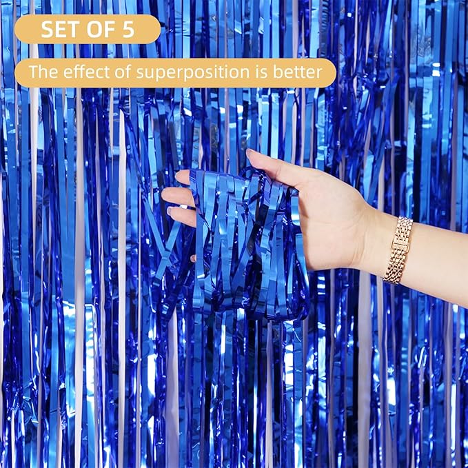 5 Pack Blue Fringe Foil Curtains 3.2ft x 8.2ft Tinsel Backdrop Streamers - Image 2