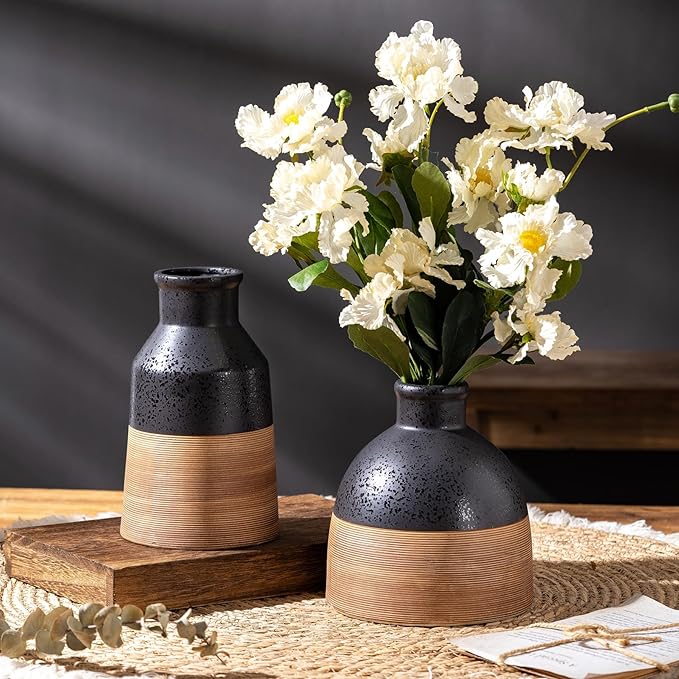 Black and Brown Rustic Farmhouse Flower Round Ceramic Striped Vase, Modern - Image 6