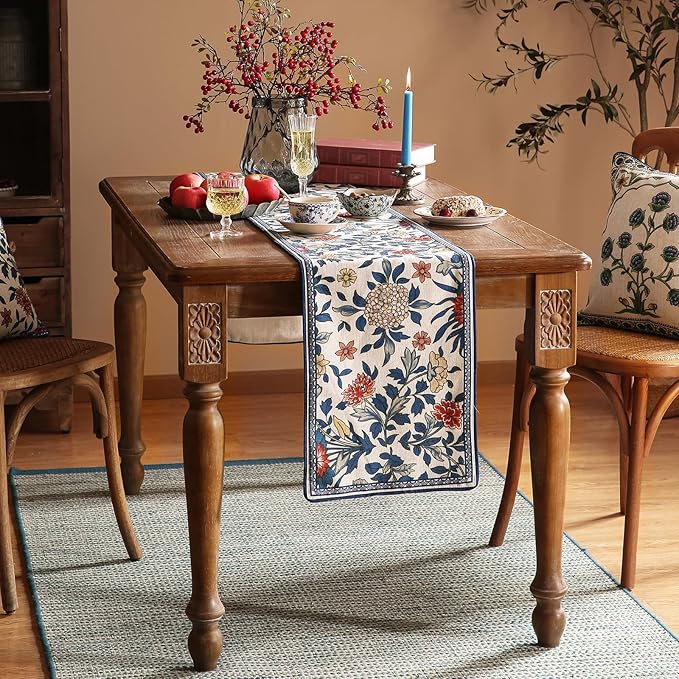 patdrea Designer Blue Cottage Rustic Floral Patterned Linen Table Runner 102 - Image 3