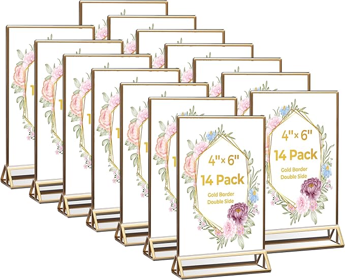 14 Pack Acrylic Sign Holder 4x6 Gold Frames, Wedding Table Number Holders by DECOHOBO