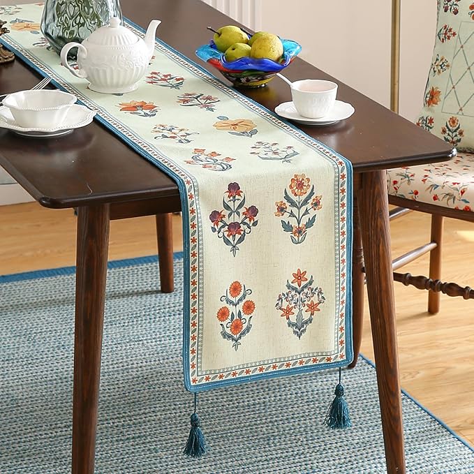 ISAENNE Designer Light Green Linen Table Runner 71 Inches Long, French Floral - Image 2